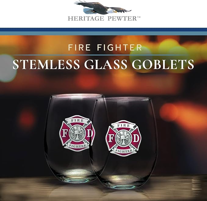 Heritage Pewter Firefighter Stemless Glass Goblets – Set of 2 | 15 OZ Goblet Wine Glasses | Expertly Crafted Pewter Glass
