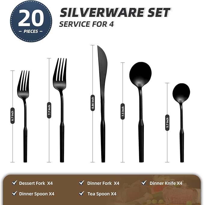 Matte Silverware Eating Utensils Set, 20-Piece Stainless Steel Flatware Set, Kitchen Utensil Set Service for 4, Durable Home Kitchen Silverware,Luxury Cutlery Set. (Black, 20)