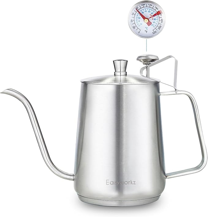 Easyworkz Gooseneck Pour Over Coffee Kettle 30 fl oz with Thermometer Stainless Steel Hand Drip Coffee Pot With Long Narrow Spout,Suitable for Induction Cookers