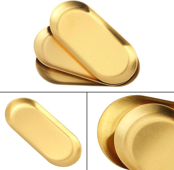 15 Pack 7 Inch Oval Stainless Steel Decorative Tray, Stainless Steel Tea Fruit Tray, 7 inch Gold Oval Trays for Bathroom Vanity, Jewelry, Perfume & Key Organizer (Gold)