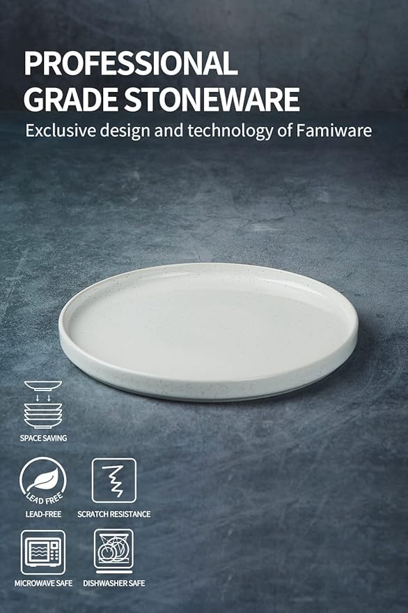 famiware Nebula 6 Pieces Salad Plates Set, 8 inch Dessert Plates, Scratch Resistant, Stoneware Dinnerware, Kitchen Modern Rustic Serving Dishes, White