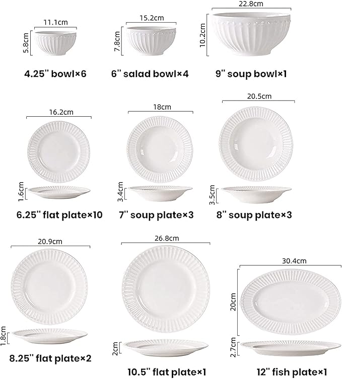 Dining Plate Set Ceramics Dinner Sets 56 Pieces Relief Stripe Cereal Bowl and Steak Plate Set | Pure White Porcelain Dinnerware Set for Family Gathering,A