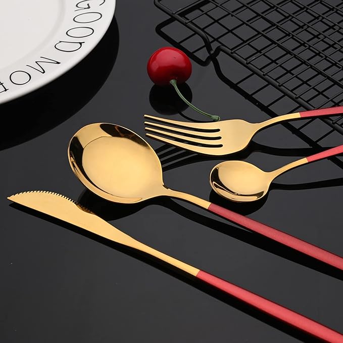 JASHII Red and Gold Hanging Flatware Set Include Knife Fork Spoon Teaspoon and Stand, 24pcs Stainless Steel Utensils Set Service for 6,Modern Design & Mirror Polished, Great Gift