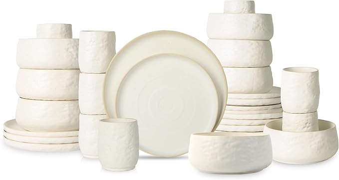 Stone by Mercer Project SHOSAI 32-Piece Stoneware Dinnerware Set, Plates and Bowls Set, Modern Dishware set fo 8, White Speckled