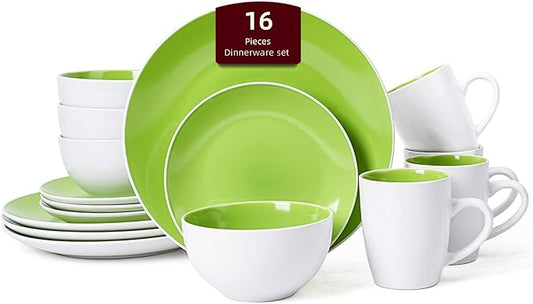 Stoneware Coupe Shape 16pc Dinnerware Set, Outside White + Inside Bamboo Color