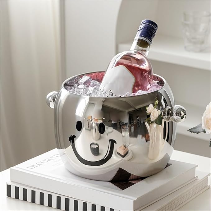 Stainless Steel Ice Bucket with Round Bead Handles, Creative Ice Bucket for Parties, Modern Drink Chiller Suitable for Bar, Home, Large Capacity(D)