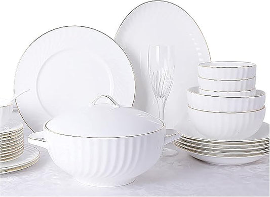 36 Pieces Dinnerware Sets, White Bone China Porcelain Dinner Serving Tableware Combination Set with Plates Bowls Dishes and Soup Pot Service for 8 People Microwave,