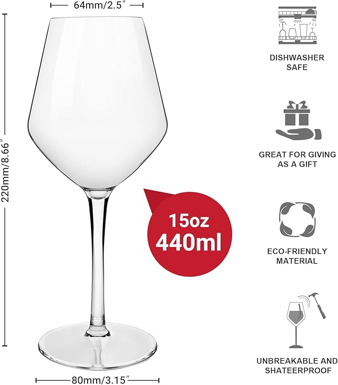 HAHASHOW Unbreakable Wine Glass, Tritan Plastic Red/White Wine Glasses, 15 oz wine Glasses, Dishwasher available Glassware, Set of 6, for Picnic, Pollside, Wedding, Party Gift