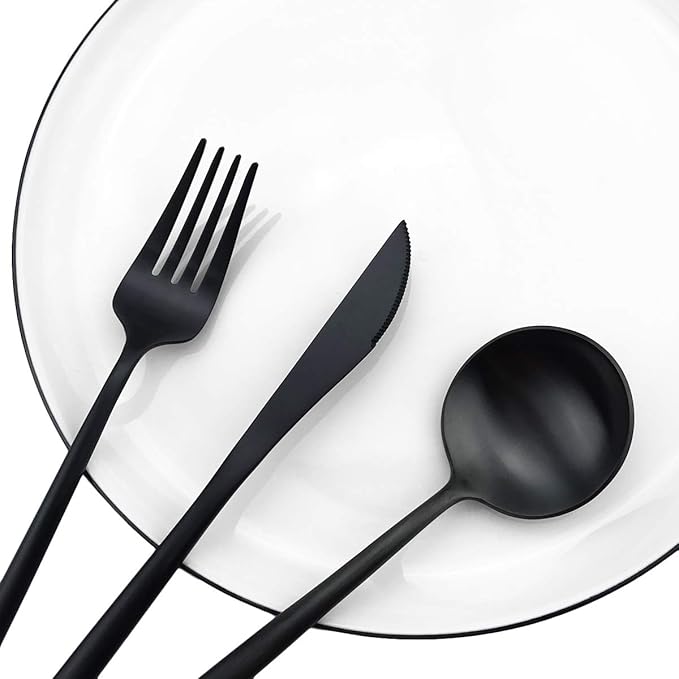 Gugrida Black Flatware, Royal 5 Piece Luxury Matte Finish 18/10 Stainless Steel Tableware Sets for 1 Including Forks Spoons Knives, Camping Silverware Travel Utensils Set Cutlery (Black)