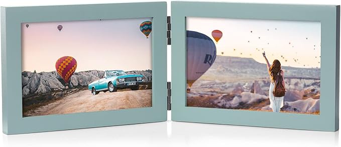 4x6 Double Horizontal Hinged Picture Frame Folding Photo Frame in Teal Blue Pine Wood with Real Glass for Tabletop P-LAN-2H46