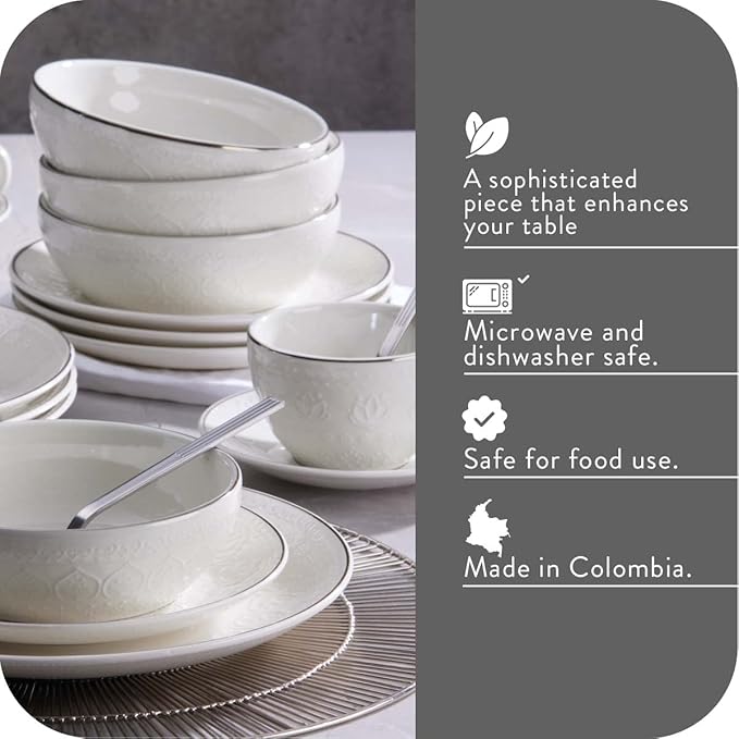 Corona 20–piece Silver-Rim Elegant Embossed Floral Pattern Ceramic Dinnerware Sets, Plates Bowls and Cups, Service For 4, Harmony