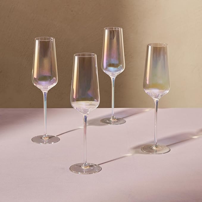 mopio Enchant Champagne Glass Flutes Set of 4, 10.5 oz, Stylish and Elegant Barware for Wedding, Party and Brunch, Colorful Drinkware Gifts in Eco-Friendly Packaging, Soda-Lime Glass (Iridescent)