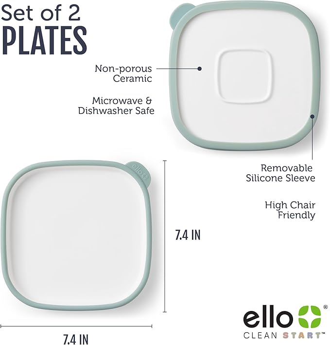 Ello Clean Start Toddler Everything Plate 2 Pack | BPA-Free Ceramic Plates with Silicone Sleeve for Babies/Toddlers | Microwave/Dishwasher Safe, Plastic-Free, High Chair Friendly | Dewdrop/Grayed Jade