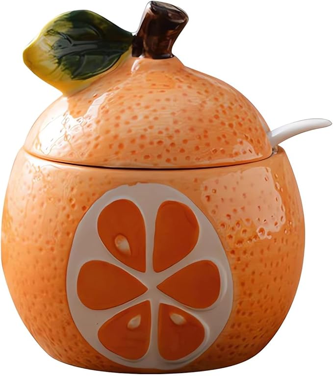 Ceramics Fruit Shaped Sugar Bowl Salt Pot Pepper Storage Jar with Lid and Spoon Seasoning Box Condiment Pots (Orange Pomelo)