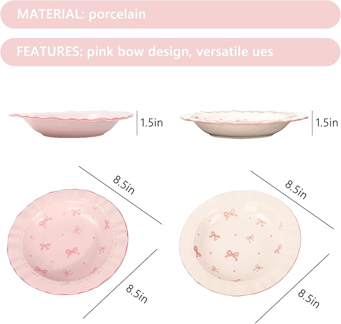 JarThenaAMCS 2Pcs Pink Bow Ceramic Dish White Pink Bow Tie Dinner Plates Cute Coquette Salad Appetizer Plates for Holding Necklaces Earrings Bracelets Decorative Plate Home Restaurant Table Decor