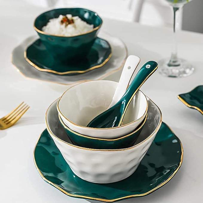 Classic 52 Pcs Dinnerware Sets, Nordic Style Bone Porcelain Tableware Set with Plates Dish and Bowls, Green White Ceramic Dinner Set with Gold Rim for Home Kitchen,