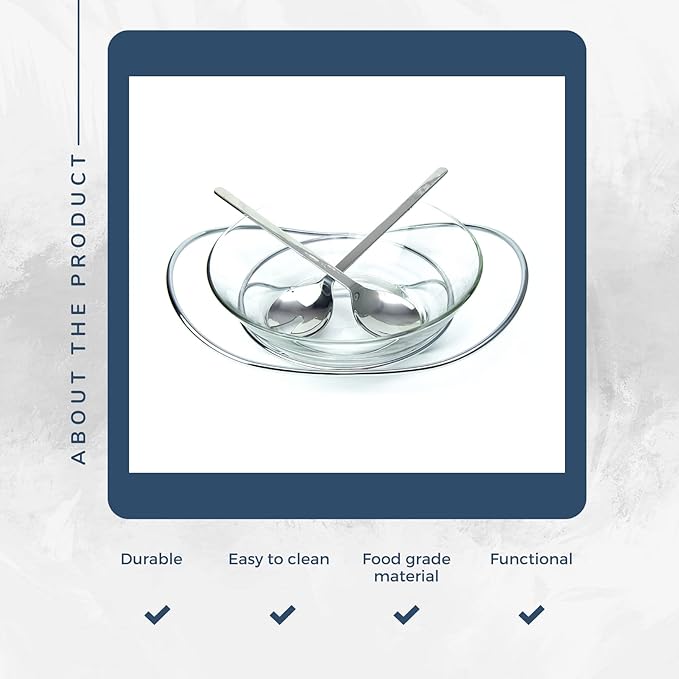 Regent 18/10 CONTEMPO Chromeplated 9.8”inch 25cm Salad Bowl with Stainless Steel Servers, Big Salad Bowls with Perfect for Fruits, Vegetable or Salads