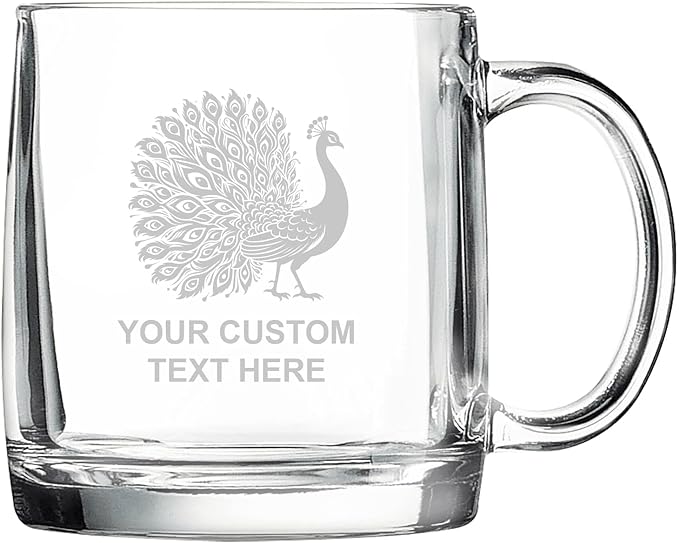 Peacock, Personalized 12.5 oz Polar Camel Glass Coffee Desk Mug – Custom Laser Engraved Clear Cup for Tea, Espresso, Latte, Whiskey - Microwave Safe/Made in USA