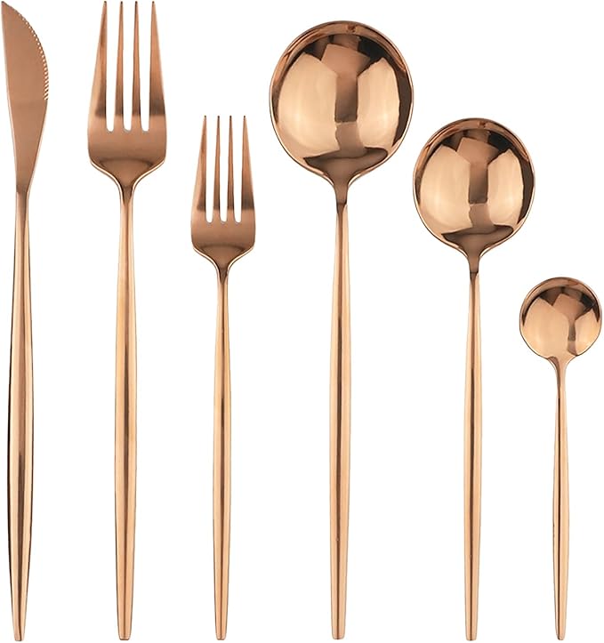 Copper 36-Pieces Silverware Flatware Mirror Polished Dinnerware, 18/0 Stainless Steel Rose Gold Cutlery Set For Home Kitchen Party Hotel Restaurant Wedding Service for 6