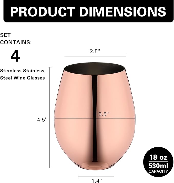 WOTOR Rose Gold Wine Glasses Set of 4, 18oz Copper Wine Glasses, Stemless Stainless Steel Wine Glasses, Unbreakable Metal Wine Glass for Outdoor, Travel, Camping, Ideal Wine Accessories Gift