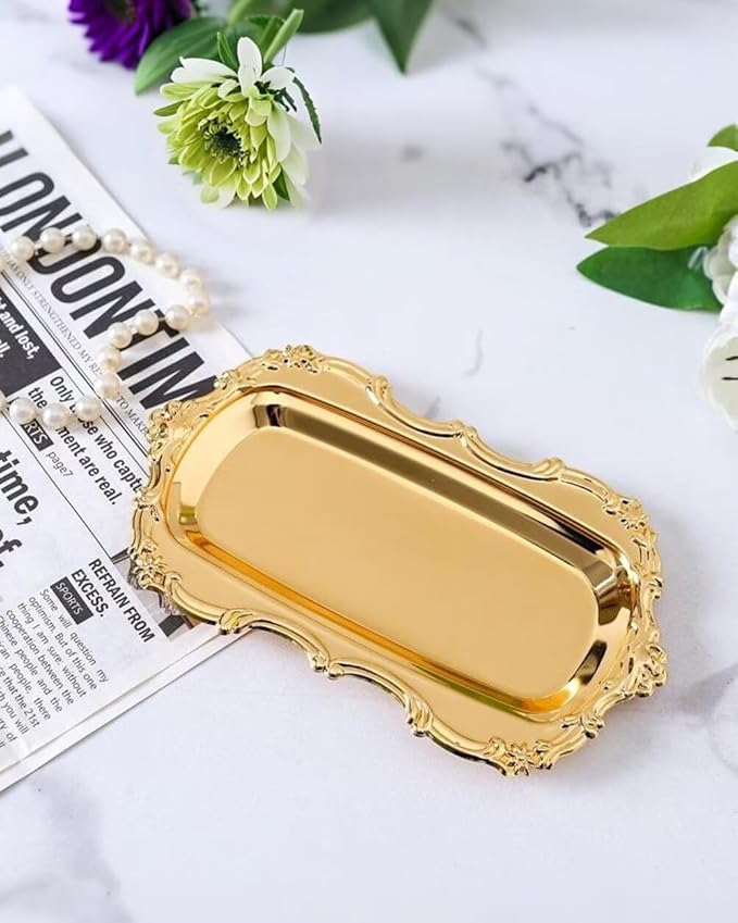 3PCS 8in Vintage Serving Trays Set Decorative Tray Metal Tableware Platters for Cookies Desserts Party Food Display (Gold)
