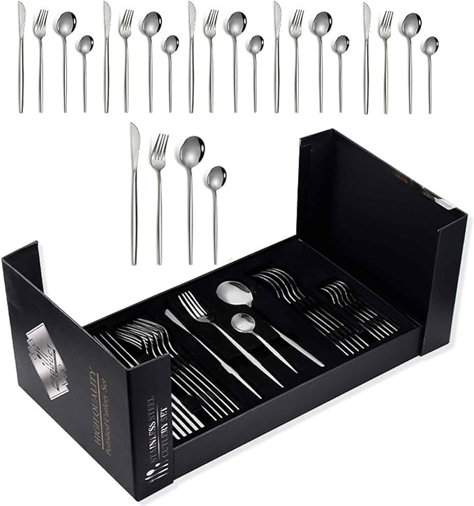 Serving Set Stainless Steel Tableware for 24 PCS, Mirror Polished, Slim Handle Serving Set for 6 for Formal Events, Parties, Food Barbeque, Dishwasher Safe(Silver,C)