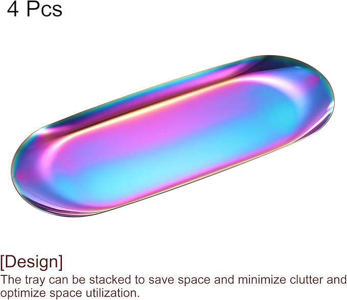 uxcell 4pcs Stainless Steel Decorative Tray, 9 Inch Oval Jewelry Tray, Small Serving Tray for Bathroom Countertops, Closets, Dressers, Multicolor