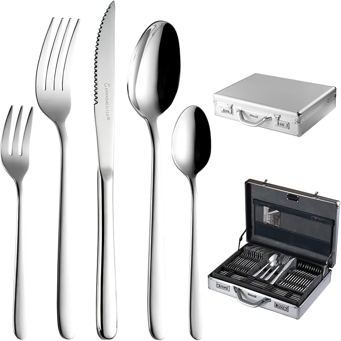 GRANDMEISTER 75-Piece 18/10 Stainless Steel Silverware Set with Gift Carrying Case, 3.0MM Thick, Elegant Design, Serves Parties 12 people, Mirror Polished, Dishwasher Safe Cutlery Set