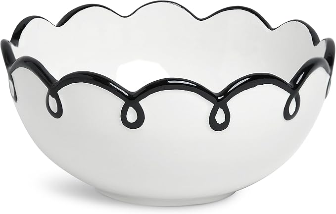 Sango 12-Piece Earthenware Dinnerware Set for 4, Glossy White Plates and Bowls Sets with Black Scalloped Rims, Premium Dish Set, Holiday Dishes for Gifting & Hosting Christmas Party, Splash of Cheers