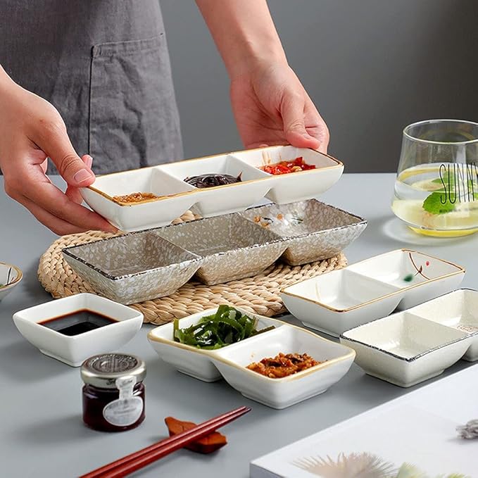 Ceramic cutlery salad bowl Soy Sauce Dish Ceramic Appetizer Plates Serving Tray Rectangular Divided Sauce Dishes for Sushi Ketchup Dessert Appetizer Seasoning Dishes(2 Compartment) smal