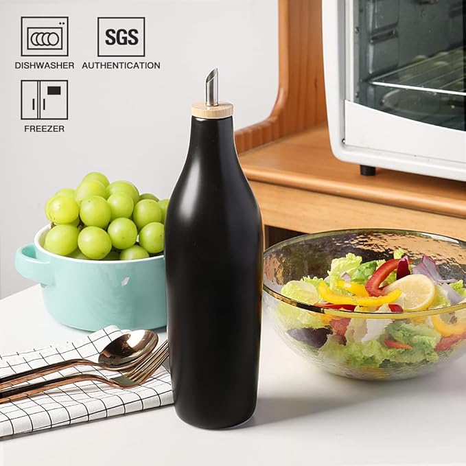Sweejar Matte Ceramic Olive Oil Dispenser Bottle with Spout, 17 Oz Oil Dispenser for Kitchen Counter, Opaque Oil Cruet for EVOO, Vinegar, Avocado Oil Container for Cooking, Pack of 1 (Black)