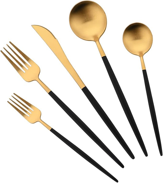 Stainless Steel Mirror Polished Gold Flatware Set, Steak Knife Dinnerware Knife Fork Salad Fork Dessert Spoon 5-piece, Service for 1