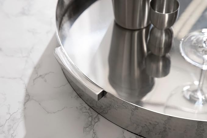 Kate and Laurel Samana Modern Glam Round Metal Tray; 16 Inch Diameter; Silver; Circular Polished Stainless Steel Decorative Tray with Hammered Surface and Minimalist Handles