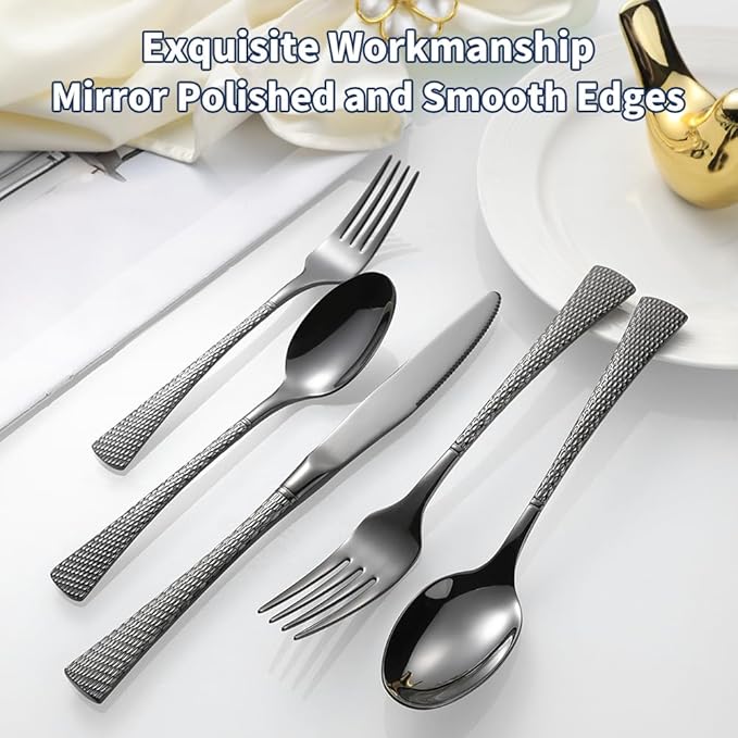 Hammered Black Silverware Set,20 Piece Modern Flatware Set Service for 4,Mirror Polished Stainless Steel Cutlery Set Utensil Set Tableware Set,Kitchen Knives Forks Spoons Set,Dishwasher Safe ﻿