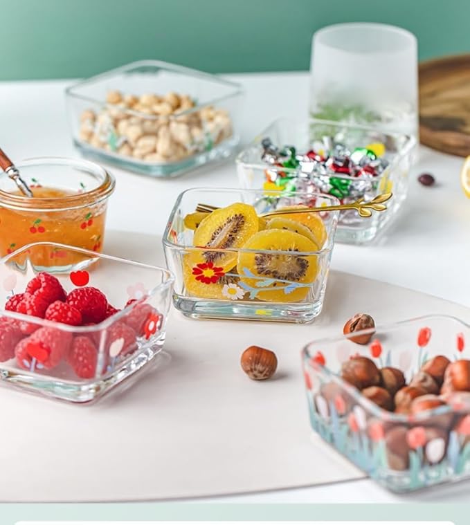 Ivymei 2 Pack Small Dessert Bowl Floral Candy Bowl Dish,Mini Square Glass Bowl for Candy Snack Yourt,Icecream,Dipping,Side Dishes,Meal prep(red)