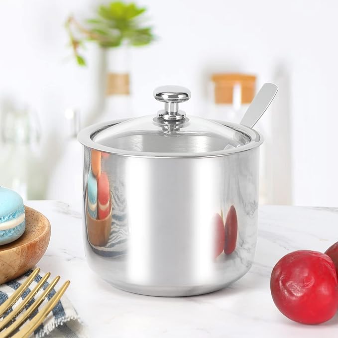 Stainless Steel Sugar Bowl with Clear Lid(for better recognition) and Spoon, Polished Shiny Condiment Pots for Serving Sugar Pepper Salt Spice- 10 Ounces/300 Milliliter…