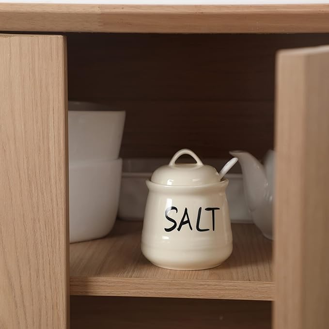 HAOTOP Salt Bowls with Lid and Spoon -12 oz Ceramic Salt Cellar, Salt Containers, Spice Box for Counter, Farmhouse Kitchen Decor, Beige