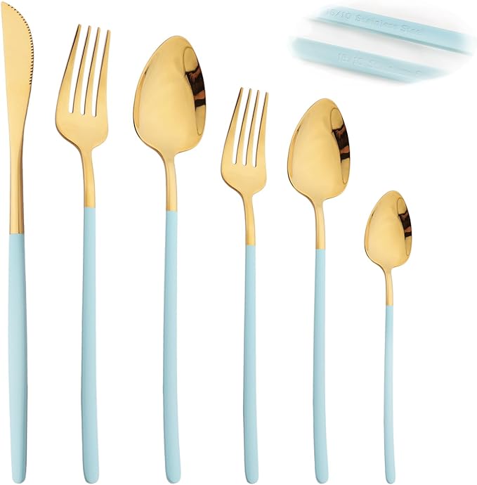 36pcs Silverware Set, 18/10 Stainless Steel Serving Flatware With Curved Handle For 6, Durable Eating Utensils For Home Entertaining, Mirror Polished (Mint Green Gold)