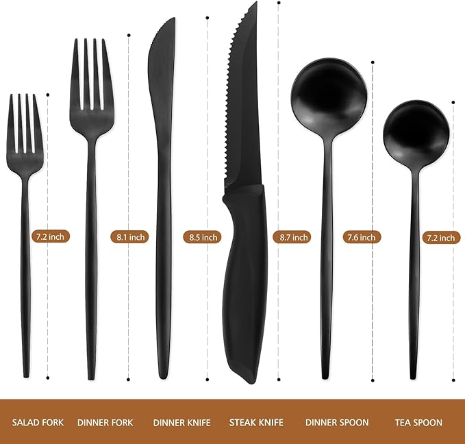 24-Piece Matte Black Tableware Set with Steak Knives,Black Flatware Set for 4,Stainless Steel Kitchen Utensil Set Include Spoons And Forks Set, Dishwasher Safe