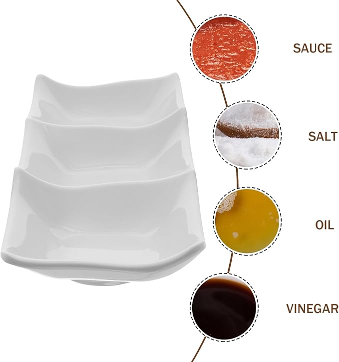 STOBAZA Three-Grid Ceramic Dipping Sauce Dish 9.84X3.54X0.98In Reusable Appetizer Serving Plate for Kitchen Dining Table Condiment Storage