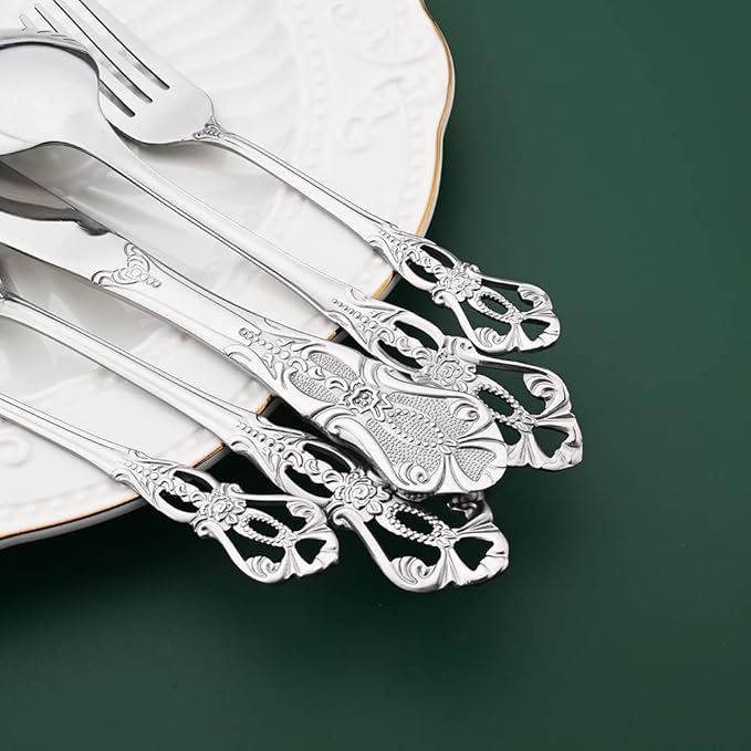 Silver Flatware Set For 4, 20 Pieces 18/0 Stainless Steel Silverware Set, Cutlery Utensils Set Include Knives/Forks/Spoons, Antique Baroque Style & Luxury Mirror Polished