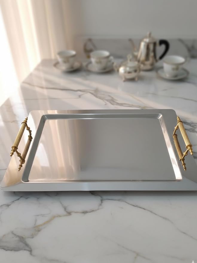 Stainless Steel Serving Tray with Gold Handles, Silver Rectangular Luxury Tray, 17.7 x 11.8 Inches, Large Serving Platter for 8 People