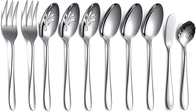 10-Piece Serving Flatware Silverware Set,Stainless Steel Serving Utensil Set,Include Slotted Serving Spoon, Serving Spoon, Butter Knife, Sugar Spoon, Serving Fork(Silver)