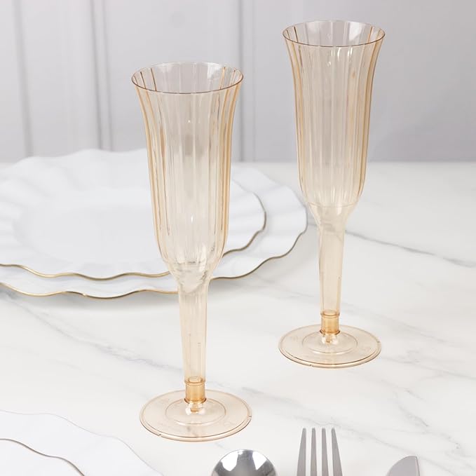 TCF Linen 12 Pack Amber Gold Plastic Champagne Flutes, 6oz Flared Disposable Glasses Elegant Reusable Look Shatterproof Stemware for Weddings Parties Catering Toasts