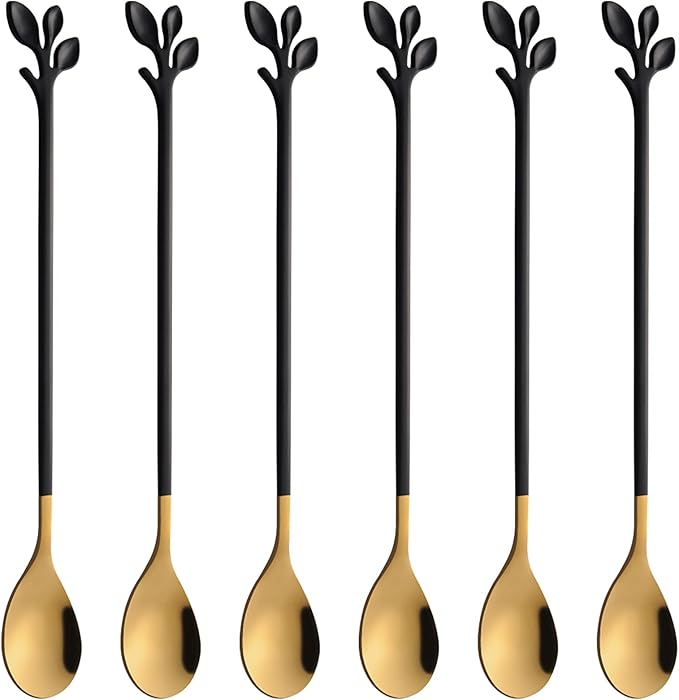 AnSaw 6-Piece Elegant Black & Gold Leaf Long Handle Teaspoons - 7.4" Stainless Steel Stir Spoons for Coffee & Tea, Perfect for Mixing & Stirring