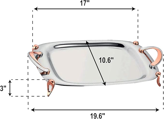 Korkmaz Rectangle Footed Stainless Steel Silver Serving Tray with Rose Gold Handles, Tray for Kitchen, Counter, Dresser, and Nightstand and Breakfast in Bed, Silver, 19.6" x 10.6"