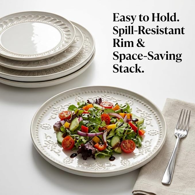 Artena Large Ceramic Dinner Plates Set Of 4, 10.75 Inch Embossed Kitchen Salad Plates, Modern Serving Plates For Restaurant, Plates With Lipped Edges, Microwave Dishwasher Safe (Willow Leaf)