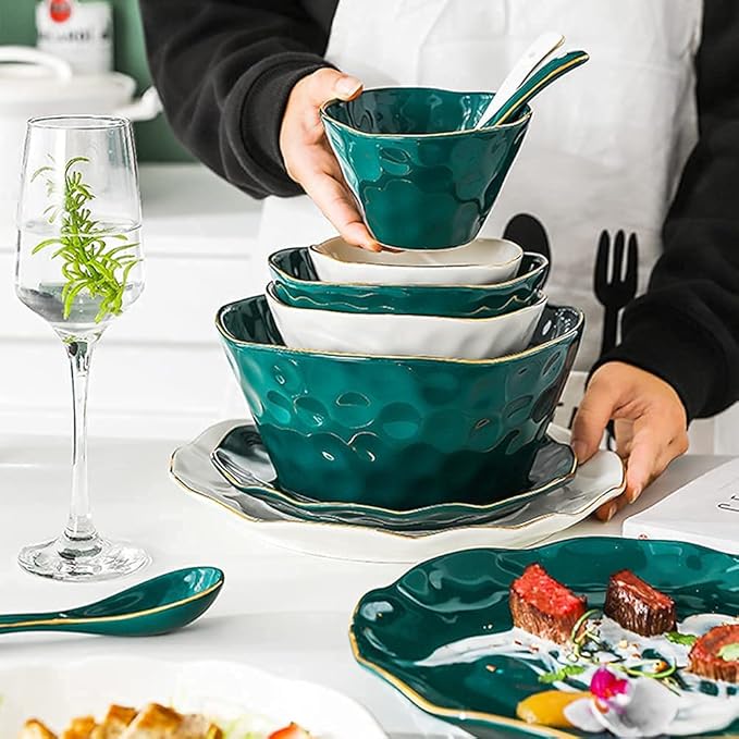 Classic 52 Pcs Dinnerware Sets, Nordic Style Bone Porcelain Tableware Set with Plates Dish and Bowls, Green White Ceramic Dinner Set with Gold Rim for Home Kitchen,