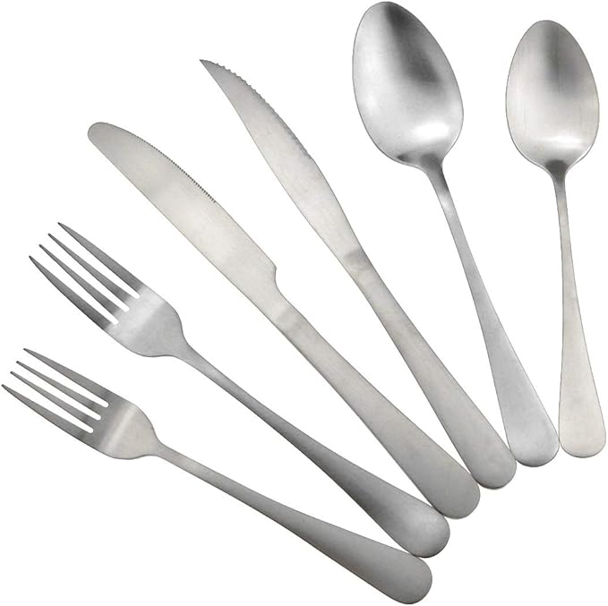 Gugrida 24-Piece Silver Heavy Duty Stainless Steel Flatware Set, Travel Cutlery Include Knife Fork Spoon Service for 4,Healthy & Eco-Friendly Silverware - Matte Elegant Modern Eating Utensils