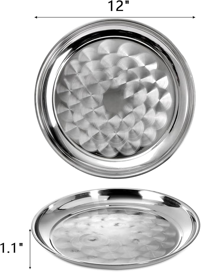 ZEAYEA 6 Pack Stainless Steel Round Tray, 12 Inch Bar Serving Tray with Swirl Pattern, Silver Display Serving Platter, Round Metal Tray for Coffee Table, Party, Club, Home, Ottoman